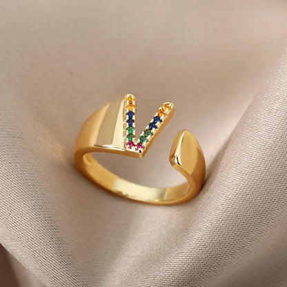 Adjustable Initial Letter Ring 18K Gold Plated | Multi-Colour Zircon Alphabet Ring for Women & Men | Elegant Birthday Gift!