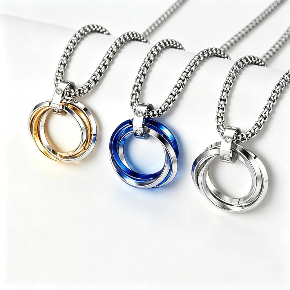 Titanium Steel Three Interlocking Rings Pendant Necklace | Hip-Hop Personality Necklace | Trendy Boys & Teens Fashion Jewellery!