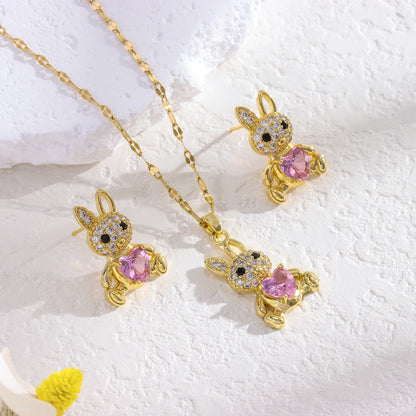 Sweet Pink Rabbit Crystal Jewelry Set for Girls 🩷 | 18K Gold Plated Stainless Steel Necklace & Earrings | Luxury Pink Zircon Bunny Gift 🎁✨