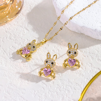 Sweet Pink Rabbit Crystal Jewelry Set for Girls 🩷 | 18K Gold Plated Stainless Steel Necklace & Earrings | Luxury Pink Zircon Bunny Gift 🎁✨