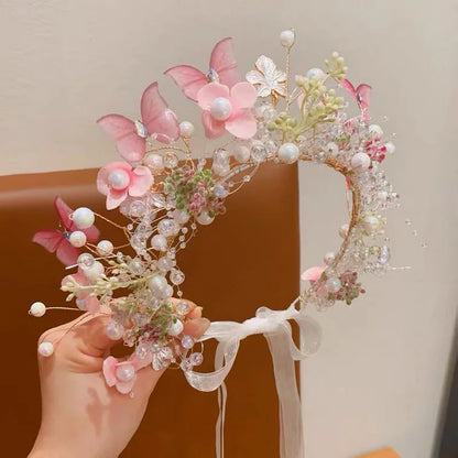 Elegant Pearl Butterfly Wreath Headband for Girls – Princess Flower Hairband for Weddings, Parties & Special Occasions | Flower Girl Hair Accessory