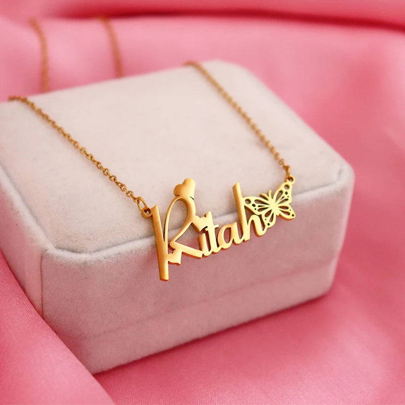 Personalised Name Necklace with Birth Month Butterfly | Custom Stainless Steel Choker | BFF Jewellery Gift!