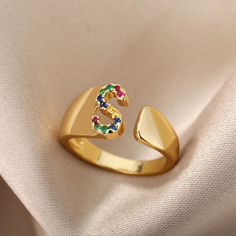 Adjustable Initial Letter Ring 18K Gold Plated | Multi-Colour Zircon Alphabet Ring for Women & Men | Elegant Birthday Gift!