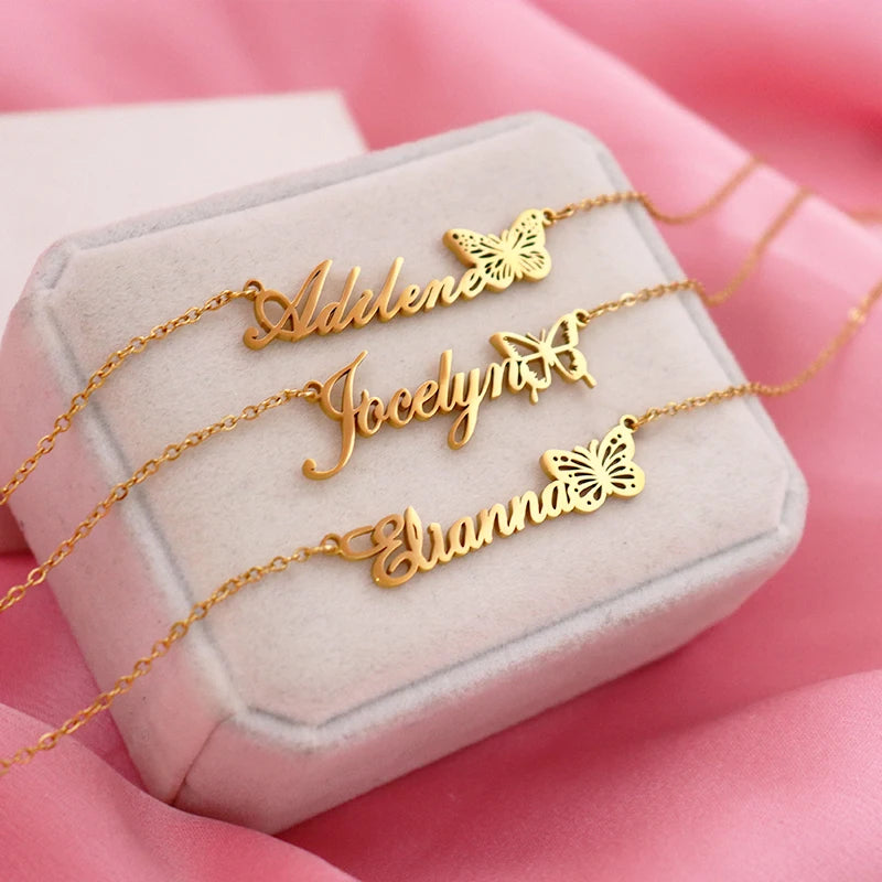 Personalised Name Necklace with Birth Month Butterfly | Custom Stainless Steel Choker | BFF Jewellery Gift!
