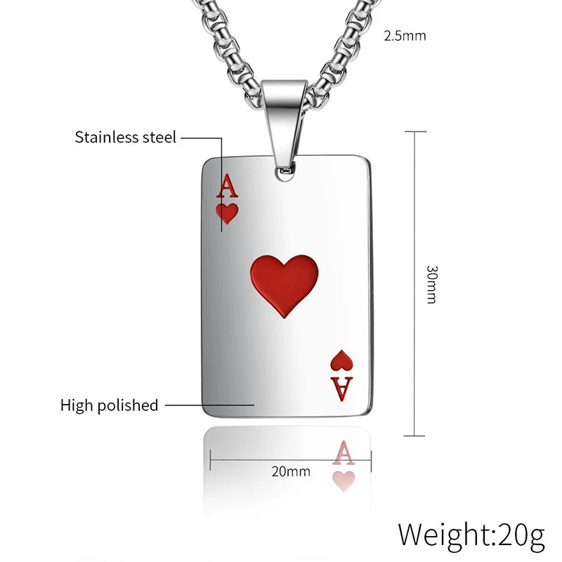 Silver stainless steel playing card pendant necklace with a red heart and Ace of hearts design, shown with chain and dimension labels including 30mm, 20mm, 2.5mm, plus text stating high polished, stainless steel, and weight 20g.