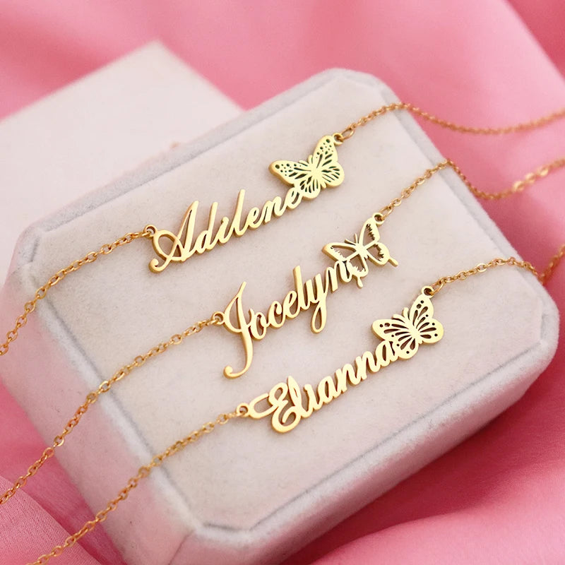 Personalised Name Necklace with Birth Month Butterfly | Custom Stainless Steel Choker | BFF Jewellery Gift!