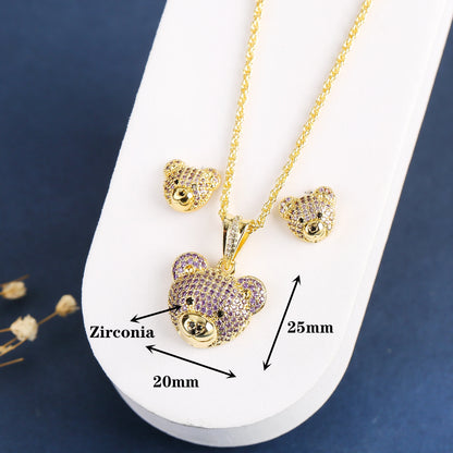 ✨ 3pcs Sparkling Bear Jewelry Set for Girls – Cubic Zirconia Necklace, Earrings & Ring | Cute Accessories for Kids & Teens!