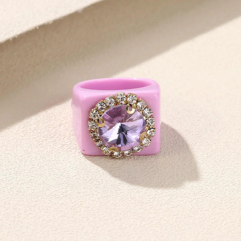 Trendy Big Rhinestone Acrylic Rings for Girls – Handmade Geometric Square Punk Finger Rings | Party Jewellery for Teens & Women!