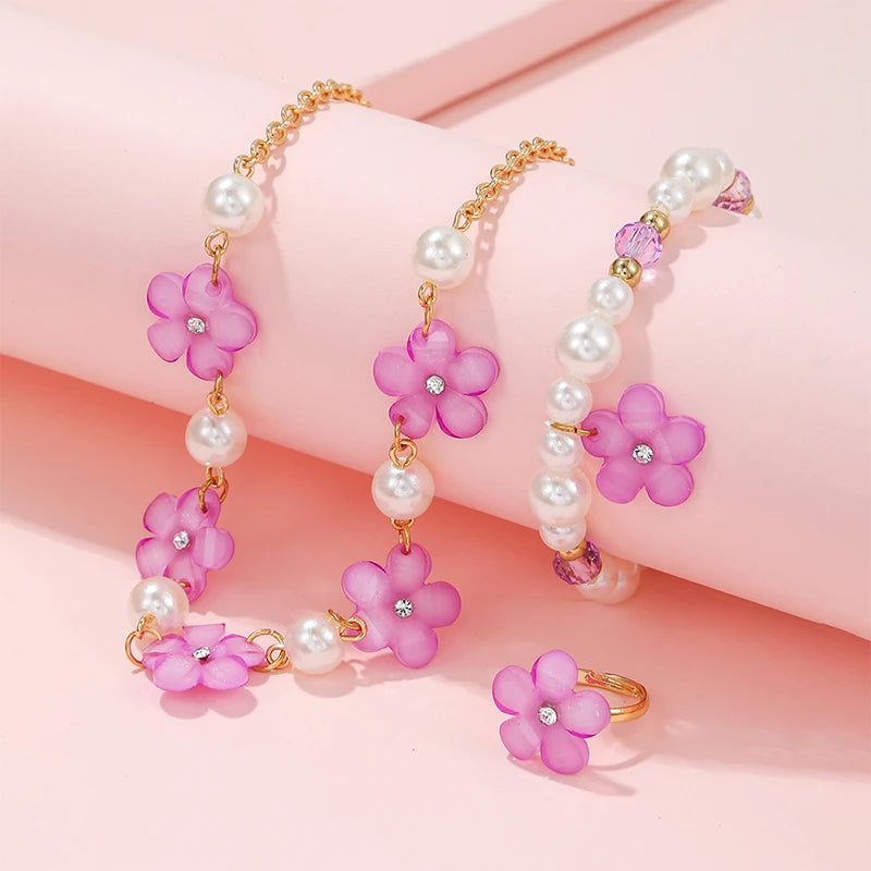 3Pcs Flower Charm Jewellery Set for Girls – Necklace, Beads Bracelet & Ring | Kids Party & Birthday Gift Accessories!