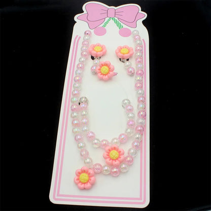 Baby Girl Flower Jewellery Set – Pink Resin Beaded Necklace, Bracelet, Earrings & Ring | Party Dress-Up Gift!