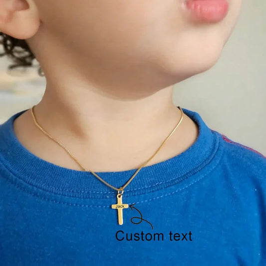 Personalised Gold Plated Cross Necklace for Kids – Custom Engraved Name Necklace for Boys & Girls | Christening, Baptism & Communion Gift.