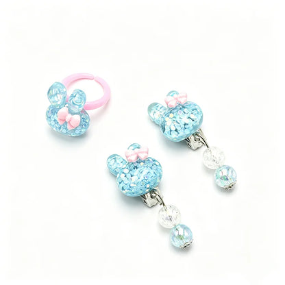 Kids Blue Glitter Rabbit Jewellery Set – Resin Beaded Necklace, Bracelet, Earrings & Ring | Princess Dress-Up Gift for Girls!