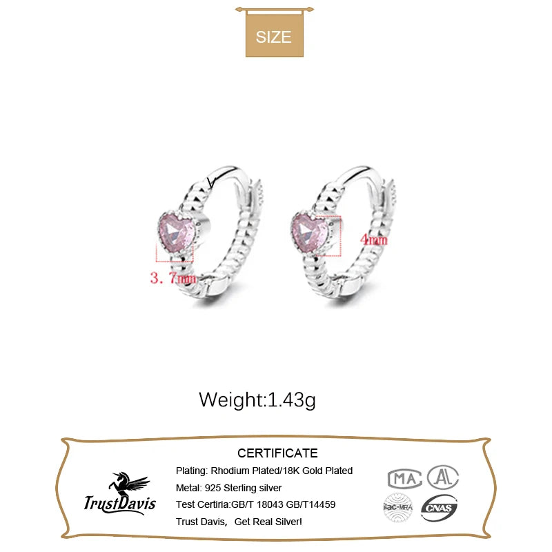 Real 925 Sterling Silver Pink Heart CZ Hoop Earrings - Statement Jewelry for Girls, Teens, and Women!