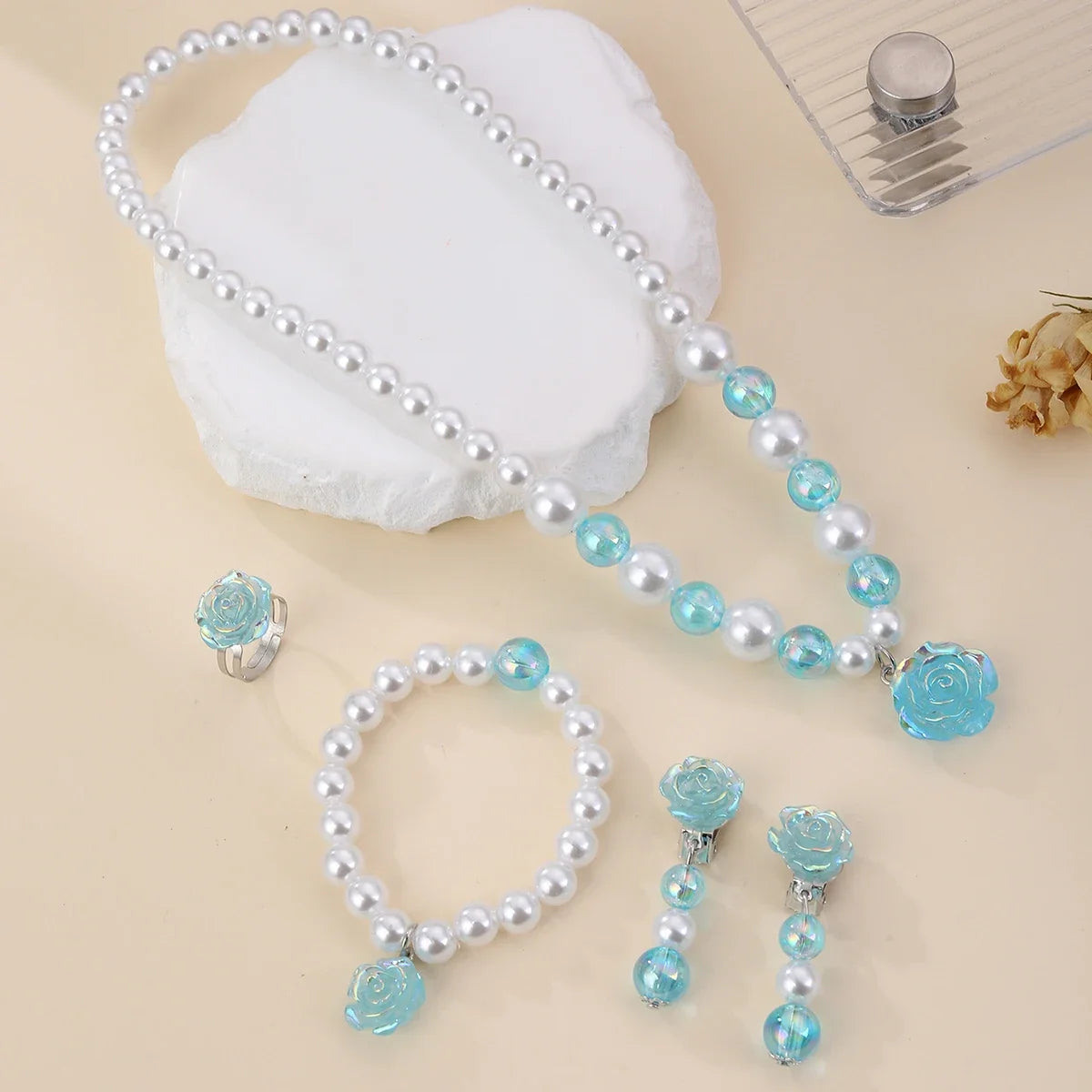 5PCS Girls Pearl Jewellery Set with Rose Flower Pendant | Necklace, Bracelet, Earrings & Ring Party Dress-Up Gift!