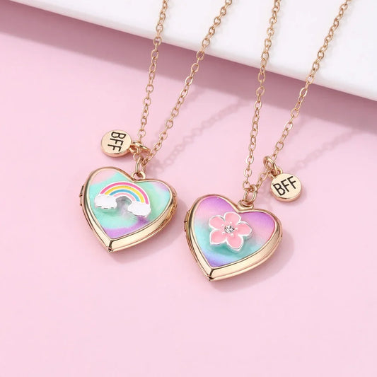 2Pcs BFF Heart Locket Necklace Set | Rainbow & Flower Friendship Necklace for Girls Photo Keepsake!