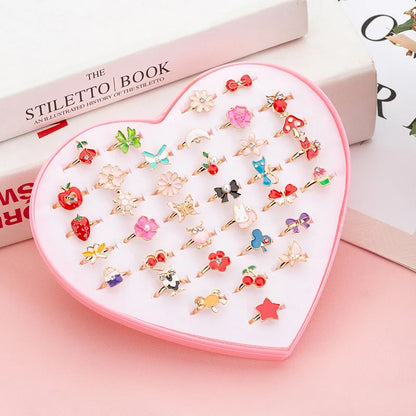 12/36 Pcs Adjustable Alloy Baby Girl Rings with Heart Shaped Box Cartoon Mix Finger Jewellery Rings Kid Girls Toys Random Color