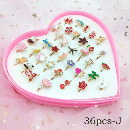 12/36 Pcs Adjustable Alloy Baby Girl Rings with Heart Shaped Box Cartoon Mix Finger Jewellery Rings Kid Girls Toys Random Color