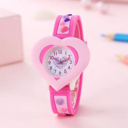 3D Heart-Shaped Quartz Watch for Girls | Kids Learning Time Wristwatch!