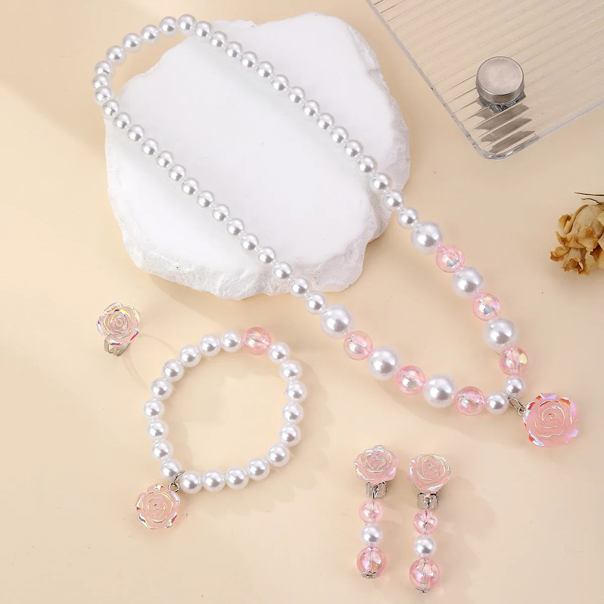 5PCS Girls Pearl Jewellery Set with Rose Flower Pendant | Necklace, Bracelet, Earrings & Ring Party Dress-Up Gift!