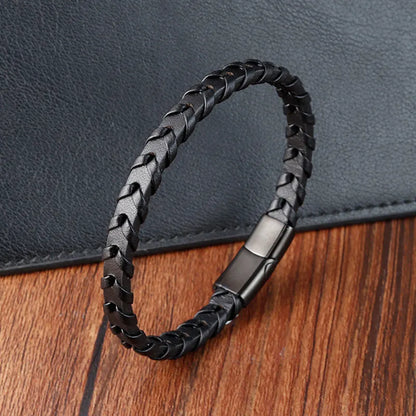 Boys Black Leather Bracelet – Stainless Steel PVD Plated Woven Genuine Leather Wristband | Stylish Kids Fashion Accessory