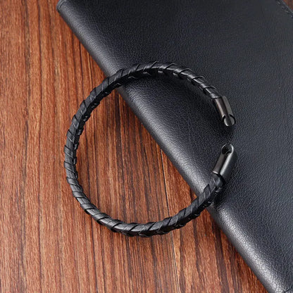 Boys Black Leather Bracelet – Stainless Steel PVD Plated Woven Genuine Leather Wristband | Stylish Kids Fashion Accessory