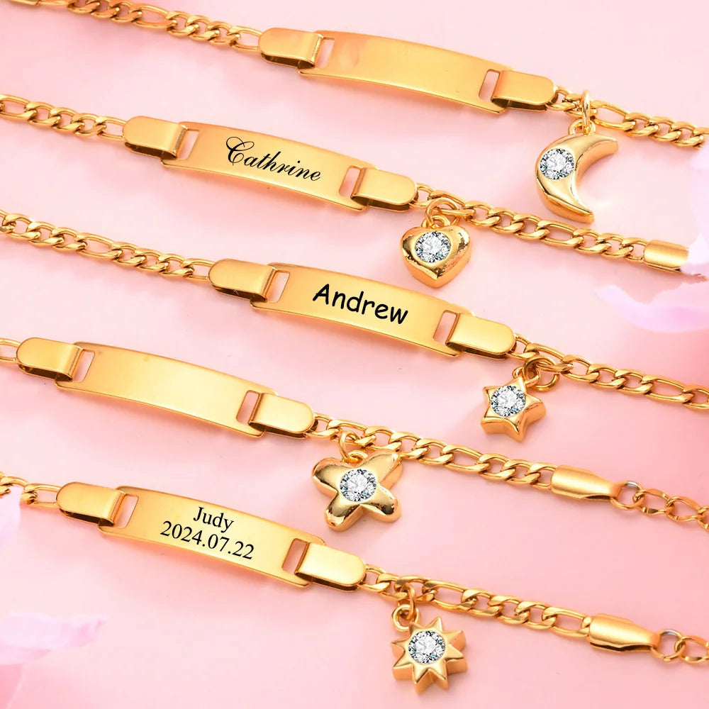 Personalised Baby Name & Birthdate Bracelet | Engravable ID Bracelet with Heart, Star & Moon Charms | New-born Baptism Gift!