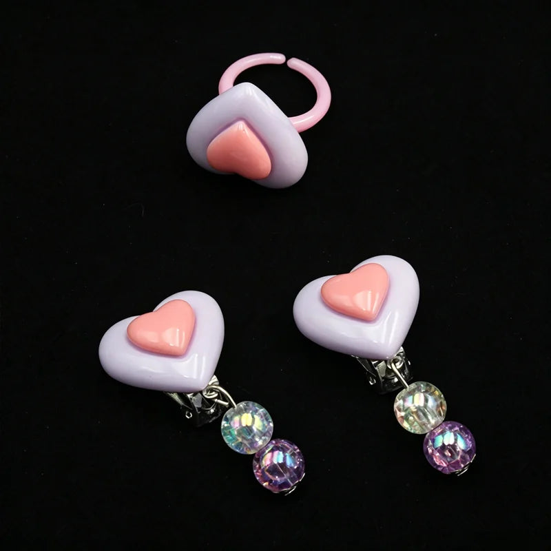 Kids Pink Heart Jewellery Set – Resin Beaded Necklace, Bracelet, Earrings & Ring | Princess Dress Up Gift for Girls!