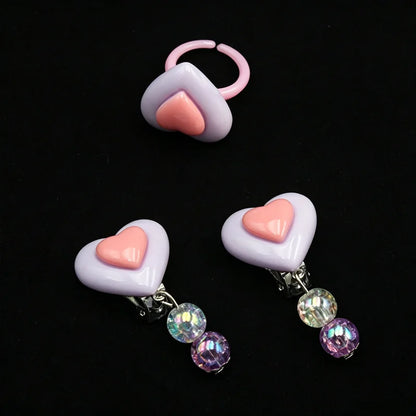 Kids Pink Heart Jewellery Set – Resin Beaded Necklace, Bracelet, Earrings & Ring | Princess Dress Up Gift for Girls!
