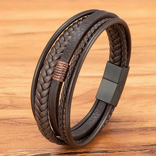 Luxury Fashion Hand-Woven Leather Bracelet - Multilayer Stainless Steel Magnetic Buckle Party Jewelry Gift.