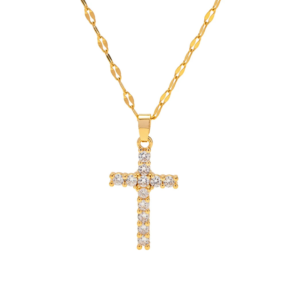 18k Gold Plated White Cubic Zirconia Unisex Cross Pendant Necklace – Elegant Boys & Girls Jewellery | Faith-Inspired Gift!