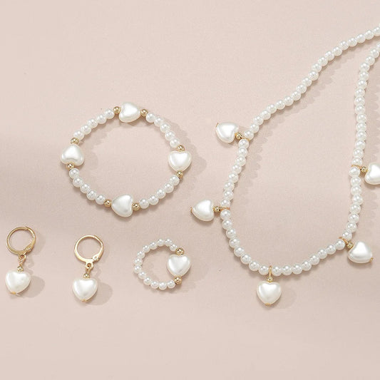 Children’s Luxury Pearl Jewellery Set – French Style Earrings, Bracelet, Necklace & Ring | Elegant Kids Jewellery Gift!