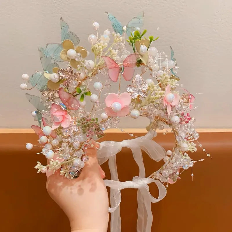 Elegant Pearl Butterfly Wreath Headband for Girls – Princess Flower Hairband for Weddings, Parties & Special Occasions | Flower Girl Hair Accessory