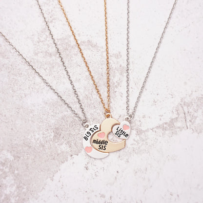 3-Piece Split Heart Sister Necklace Set – Big Sis, Middle Sis & Little Sis Pendant Necklaces | BFF Friendship Jewellery Gift!