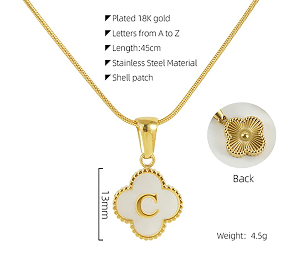 Charm and Elegance: Initial Letters Lucky Clover Shell Pendant Necklaces - 18K Gold Plated Jewelry Gifts for Girls, Teens, and Women!