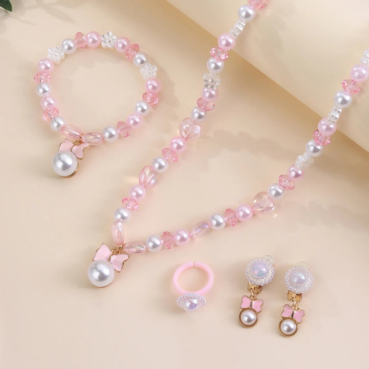 5-Piece Kids Jewellery Set with Pink Bow Pendant – Pearl Beads Necklace, Bracelet, Earrings & Ring | Party Jewellery Set for Girls!