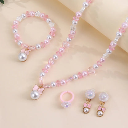 5-Piece Kids Jewellery Set with Pink Bow Pendant – Pearl Beads Necklace, Bracelet, Earrings & Ring | Party Jewellery Set for Girls!