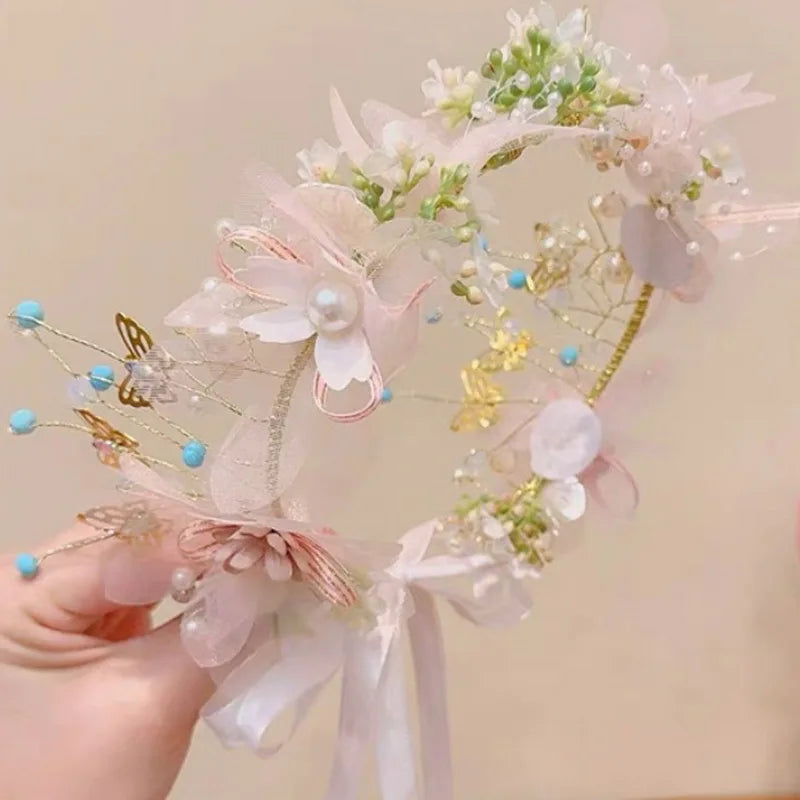 Elegant Pearl Butterfly Wreath Headband for Girls – Princess Flower Hairband for Weddings, Parties & Special Occasions | Flower Girl Hair Accessory
