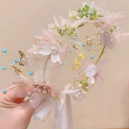 Elegant Pearl Butterfly Wreath Headband for Girls – Princess Flower Hairband for Weddings, Parties & Special Occasions | Flower Girl Hair Accessory