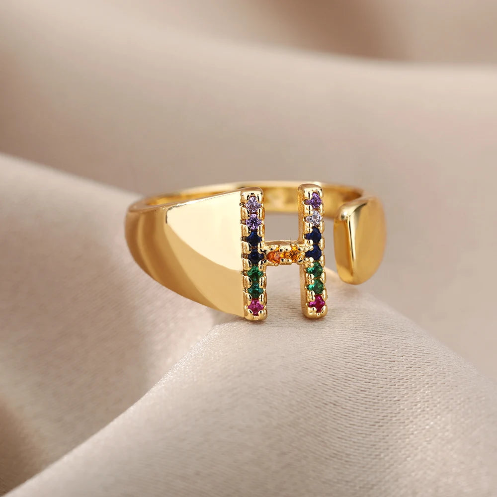 Adjustable Initial Letter Ring 18K Gold Plated | Multi-Colour Zircon Alphabet Ring for Women & Men | Elegant Birthday Gift!