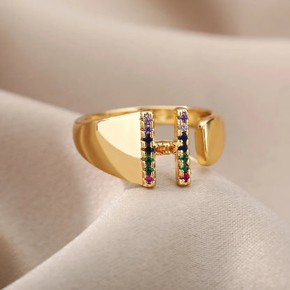 Adjustable Initial Letter Ring 18K Gold Plated | Multi-Colour Zircon Alphabet Ring for Women & Men | Elegant Birthday Gift!