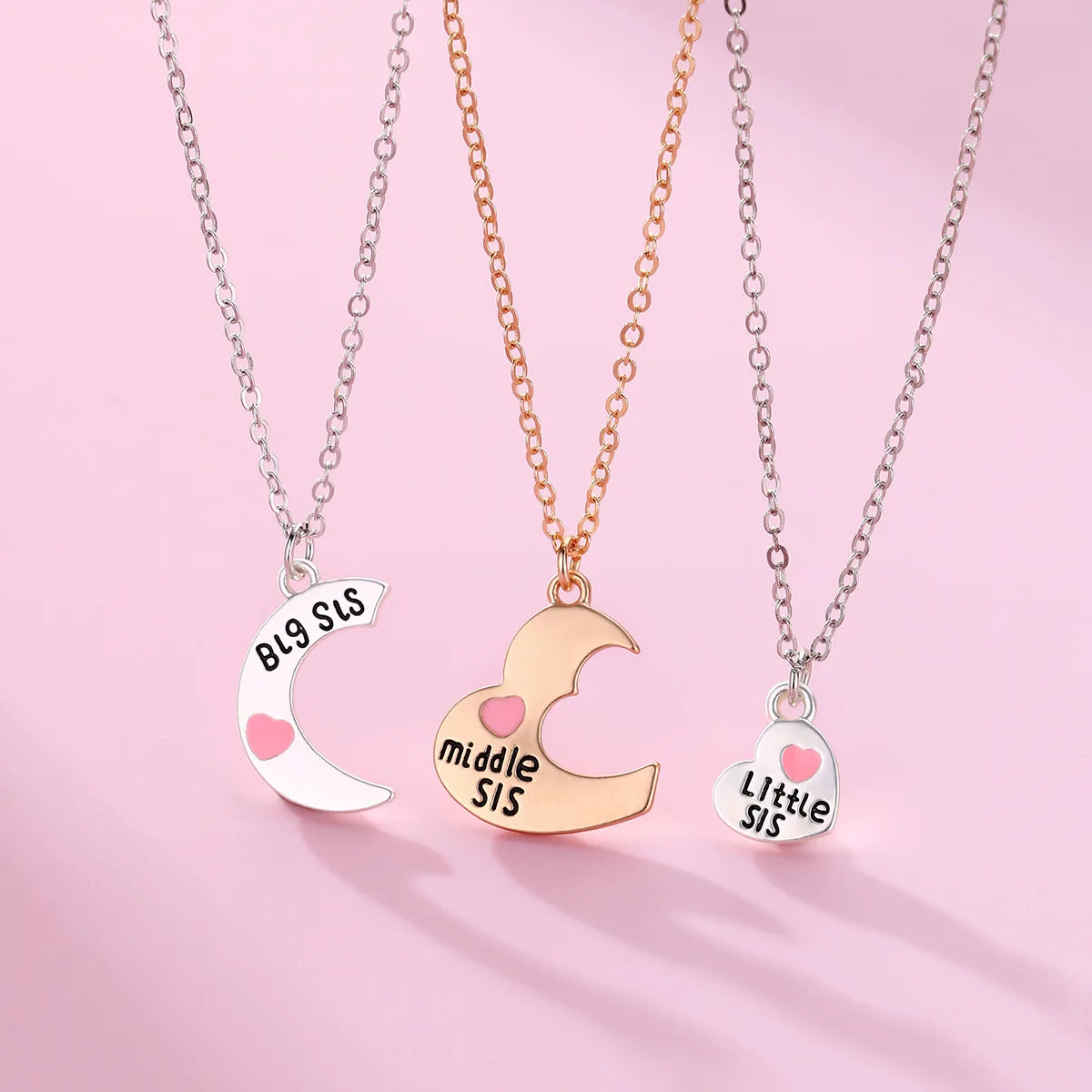 3-Piece Split Heart Sister Necklace Set – Big Sis, Middle Sis & Little Sis Pendant Necklaces | BFF Friendship Jewellery Gift!