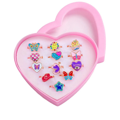 12PCS Cartoon Crystal Animal Adjustable Kids Rings – Fun Open Finger Jewellery Set for Girls’ Birthday Party Gift in Gift Box