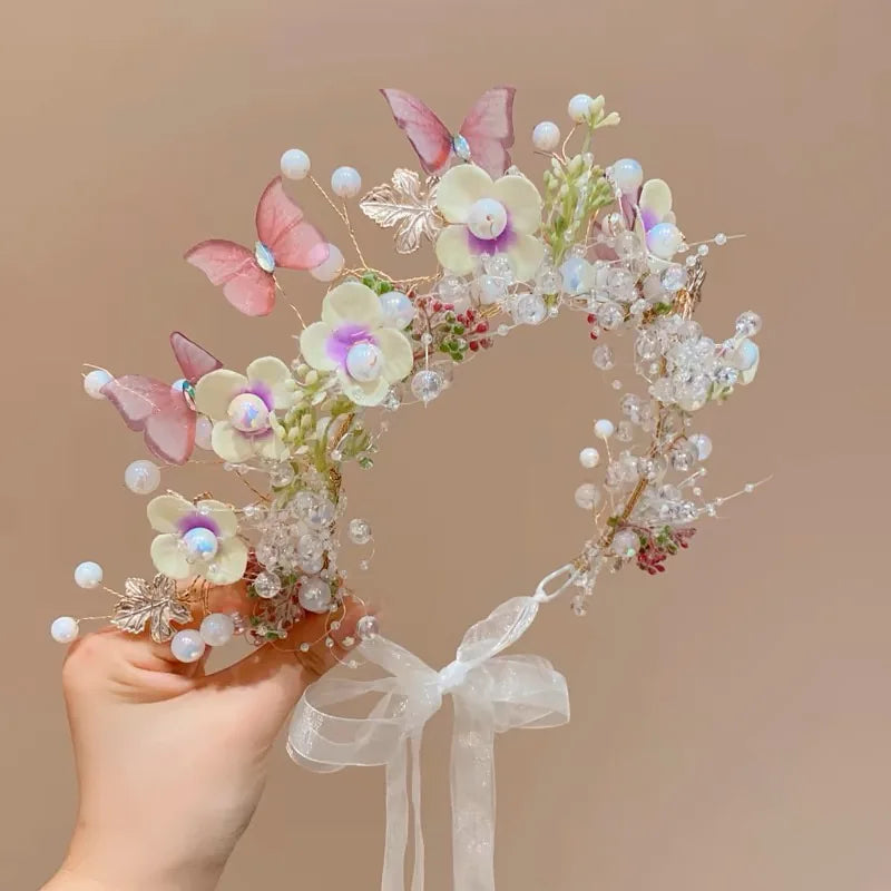 Elegant Pearl Butterfly Wreath Headband for Girls – Princess Flower Hairband for Weddings, Parties & Special Occasions | Flower Girl Hair Accessory