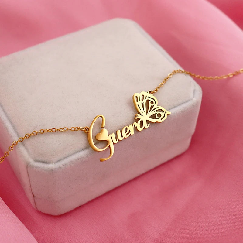 Personalised Name Necklace with Birth Month Butterfly | Custom Stainless Steel Choker | BFF Jewellery Gift!