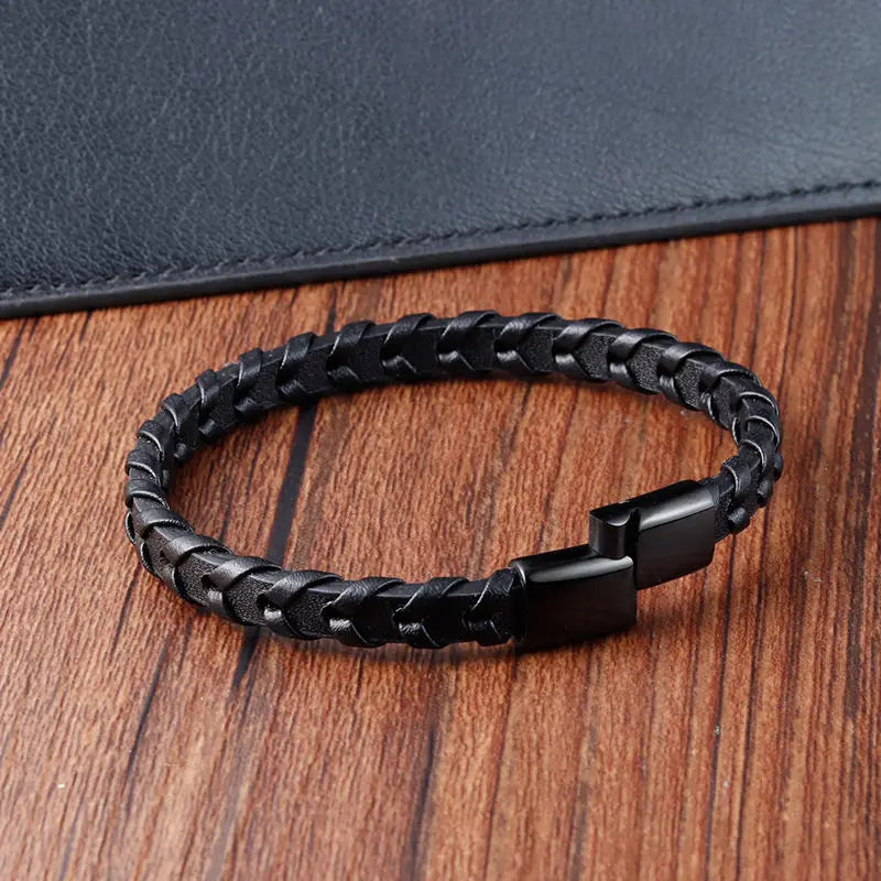 Boys Black Leather Bracelet – Stainless Steel PVD Plated Woven Genuine Leather Wristband | Stylish Kids Fashion Accessory