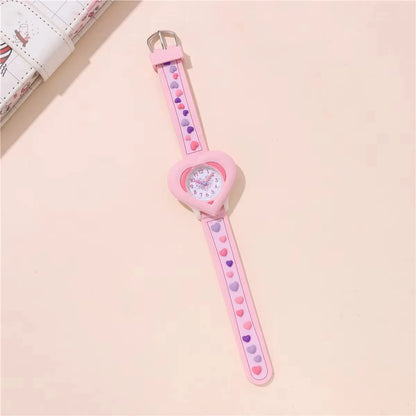 3D Heart-Shaped Quartz Watch for Girls | Kids Learning Time Wristwatch!