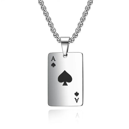 Stainless steel necklace with ace of spades pendant on a white background