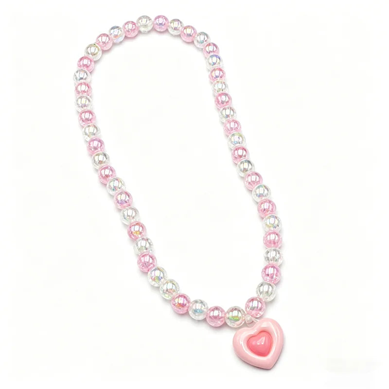 Kids Pink Heart Jewellery Set – Resin Beaded Necklace, Bracelet, Earrings & Ring | Princess Dress Up Gift for Girls!