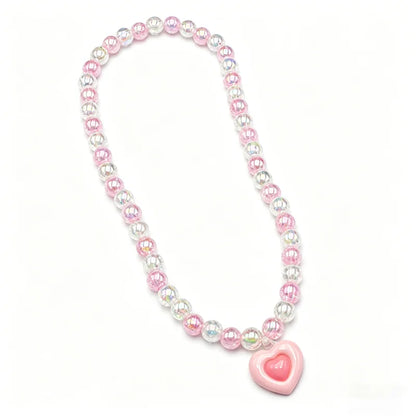Kids Pink Heart Jewellery Set – Resin Beaded Necklace, Bracelet, Earrings & Ring | Princess Dress Up Gift for Girls!