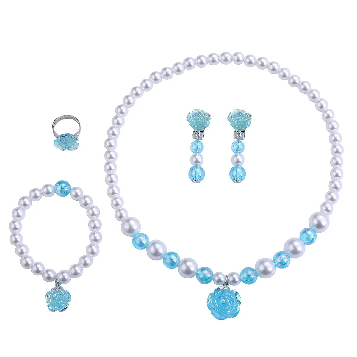 5PCS Girls Pearl Jewellery Set with Rose Flower Pendant | Necklace, Bracelet, Earrings & Ring Party Dress-Up Gift!